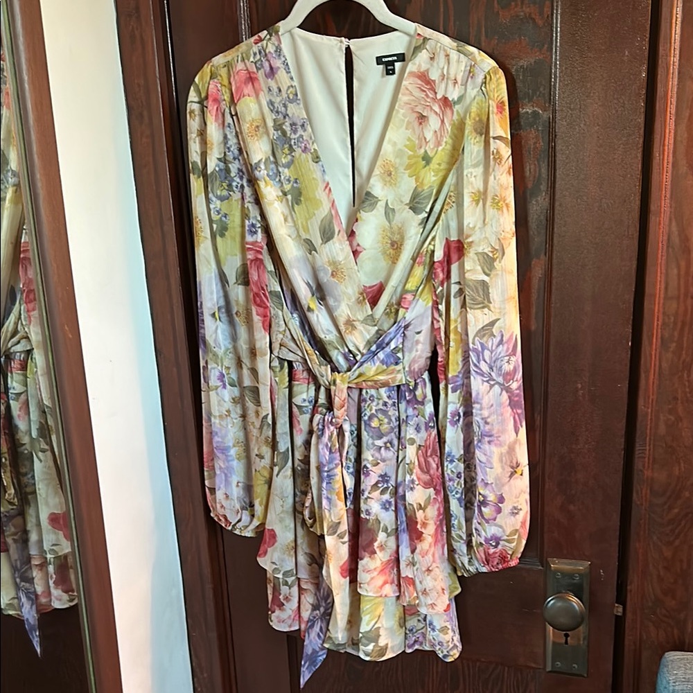 Pink and Green Floral Faux-Wrap Romper with Bishop Sleeves